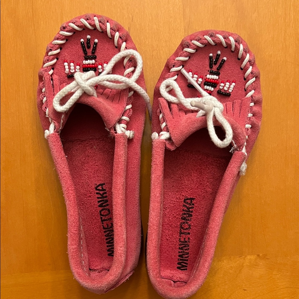 Minnetonka Pink Moccasins with White Beading